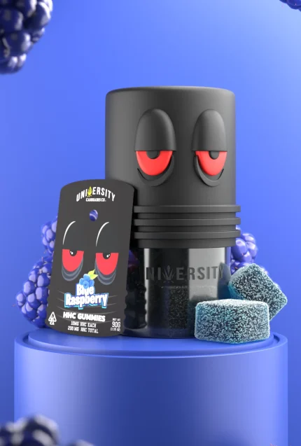Blue Raspberry HHC Premium Gummies jar with bold blue cubes