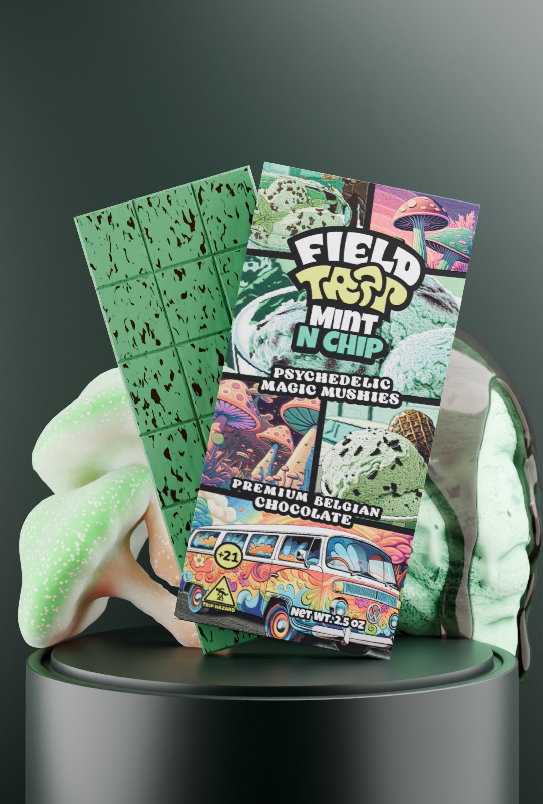 trap-university-Field Trip Mint N Chip Magic Mushroom Chocolate Field Trip Mint N Chip magic mushroom chocolate bar with opened green squares and ice cream-inspired background