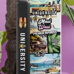 Maui Waui vape with tiki statue, palm leaves, tropical box art, and 2000mg THCA + D9 + THC-P formula