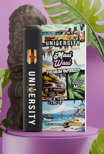 Maui Waui vape with tiki statue, palm leaves, tropical box art, and 2000mg THCA + D9 + THC-P formula