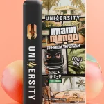 Miami Mango HHC vape with tropical street art packaging, palm trees, and ripe mango background