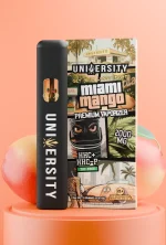 Miami Mango HHC vape with tropical street art packaging, palm trees, and ripe mango background