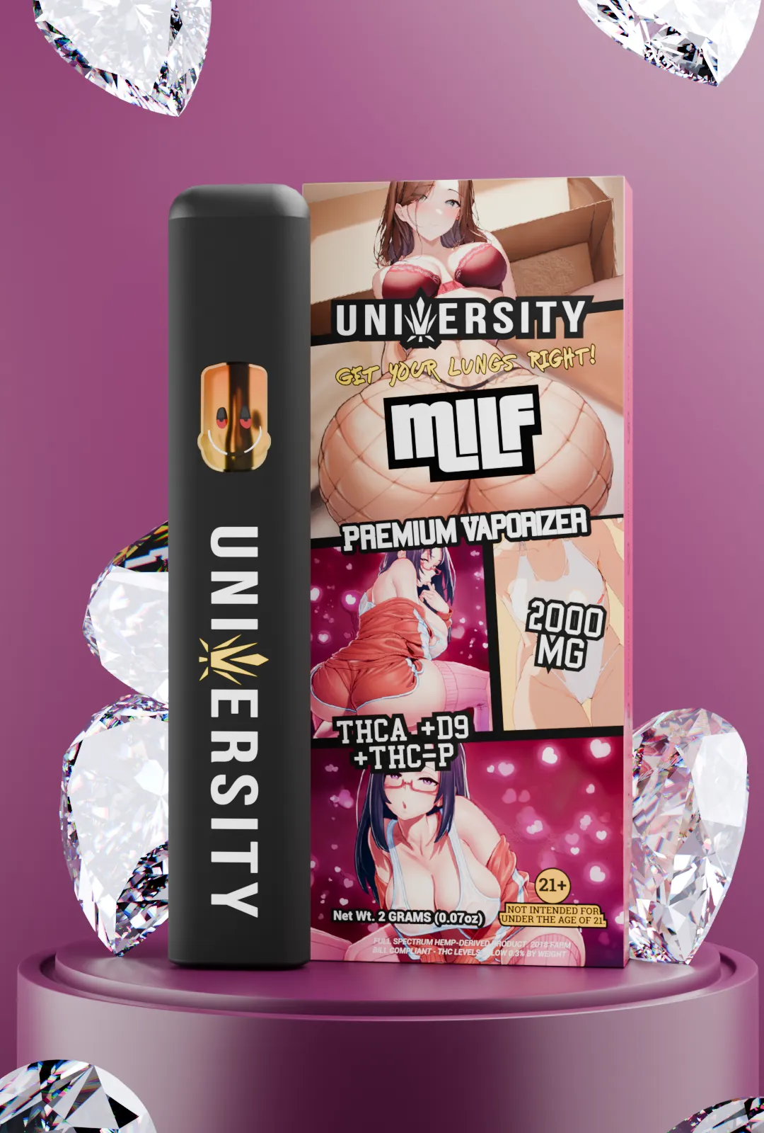 trap-university-MLLF Vape – THCA + D9 + THC-P MLLF vape with anime-style girls on packaging, 2000mg label, and diamonds in the background