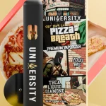 Pizza Breath THCA vape with pizza box, black cartridge, and comic-style illustrated packaging