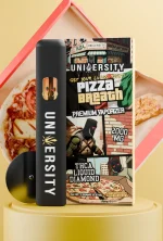 Pizza Breath THCA vape with pizza box, black cartridge, and comic-style illustrated packaging