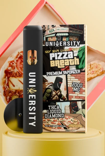 Pizza Breath THCA vape with pizza box, black cartridge, and comic-style illustrated packaging