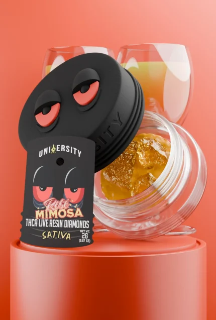 Jar of Rose Mimosa Concentrate THCA Live Resin Diamonds Sativa 2g with mimosa cocktails in background