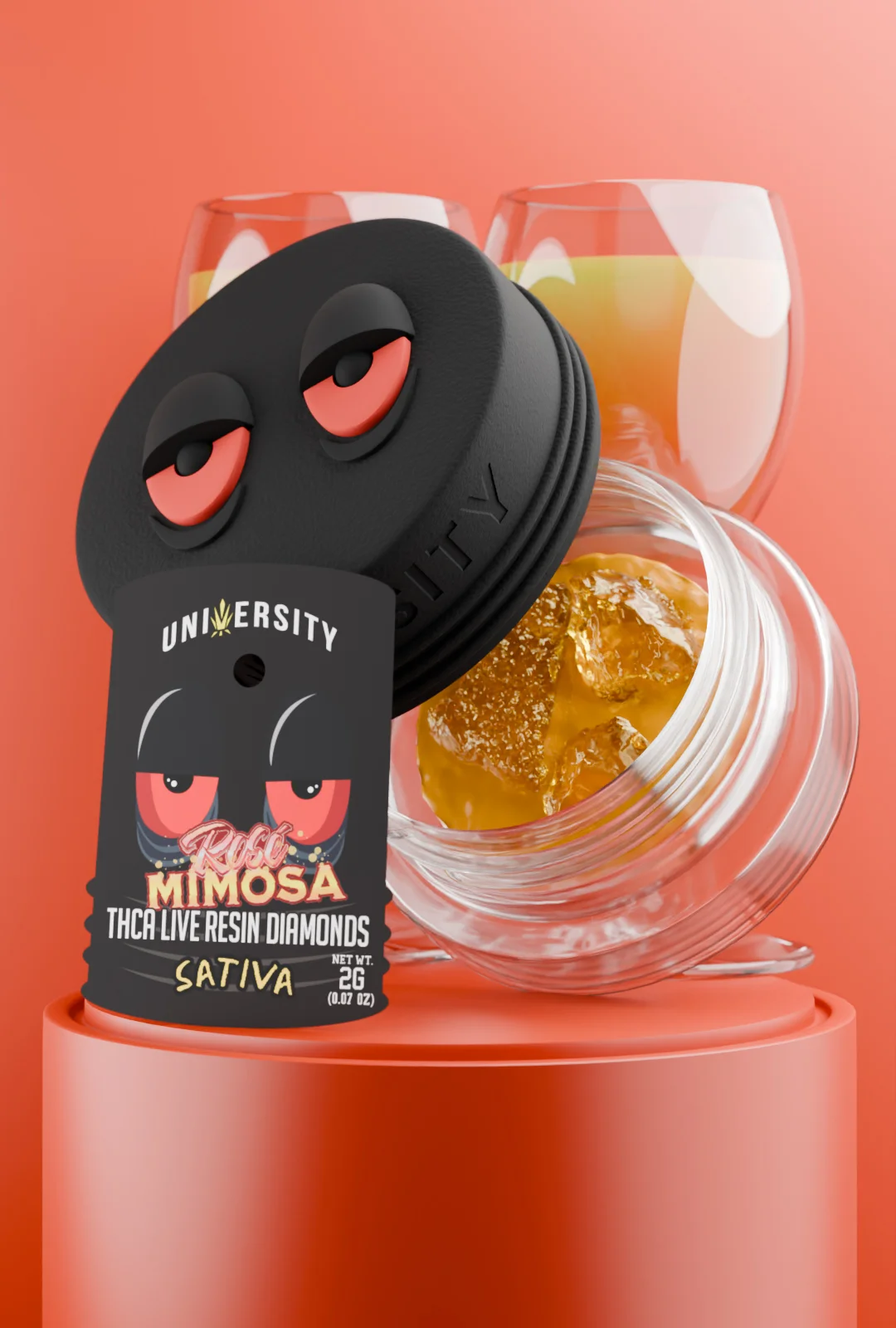 trap-university-Rose Mimosa Concentrate THCA Live Resin Diamonds Sativa 2g Jar of Rose Mimosa Concentrate THCA Live Resin Diamonds Sativa 2g with mimosa cocktails in background