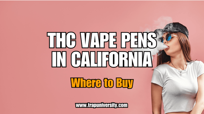 Woman vaping with bold text “THC Vape Pens in California – Where to Buy” on a pink background.