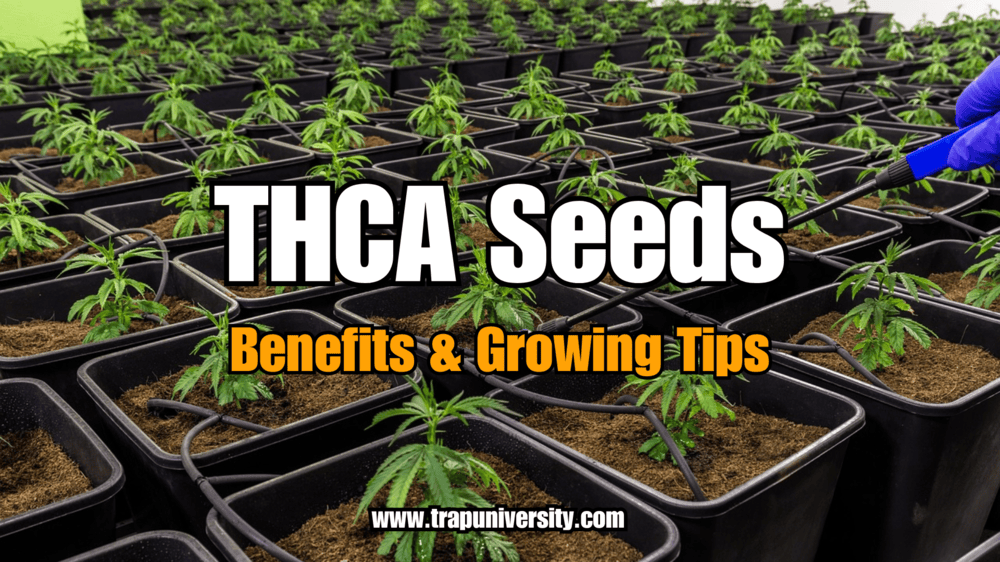 Rows of young cannabis plants growing from THCA seeds in black pots with soil and irrigation tubes.