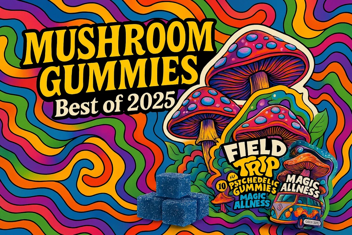 Colorful psychedelic graphic with mushroom gummies illustrating top-rated mushroom gummies 2025