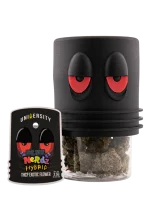 Container with cannabis and cartoon eyes