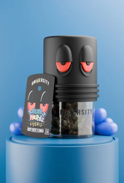 Blue Nerdz THCP Exotic Indoor Flower 3.5G hybrid strain in premium jar with blue candy props