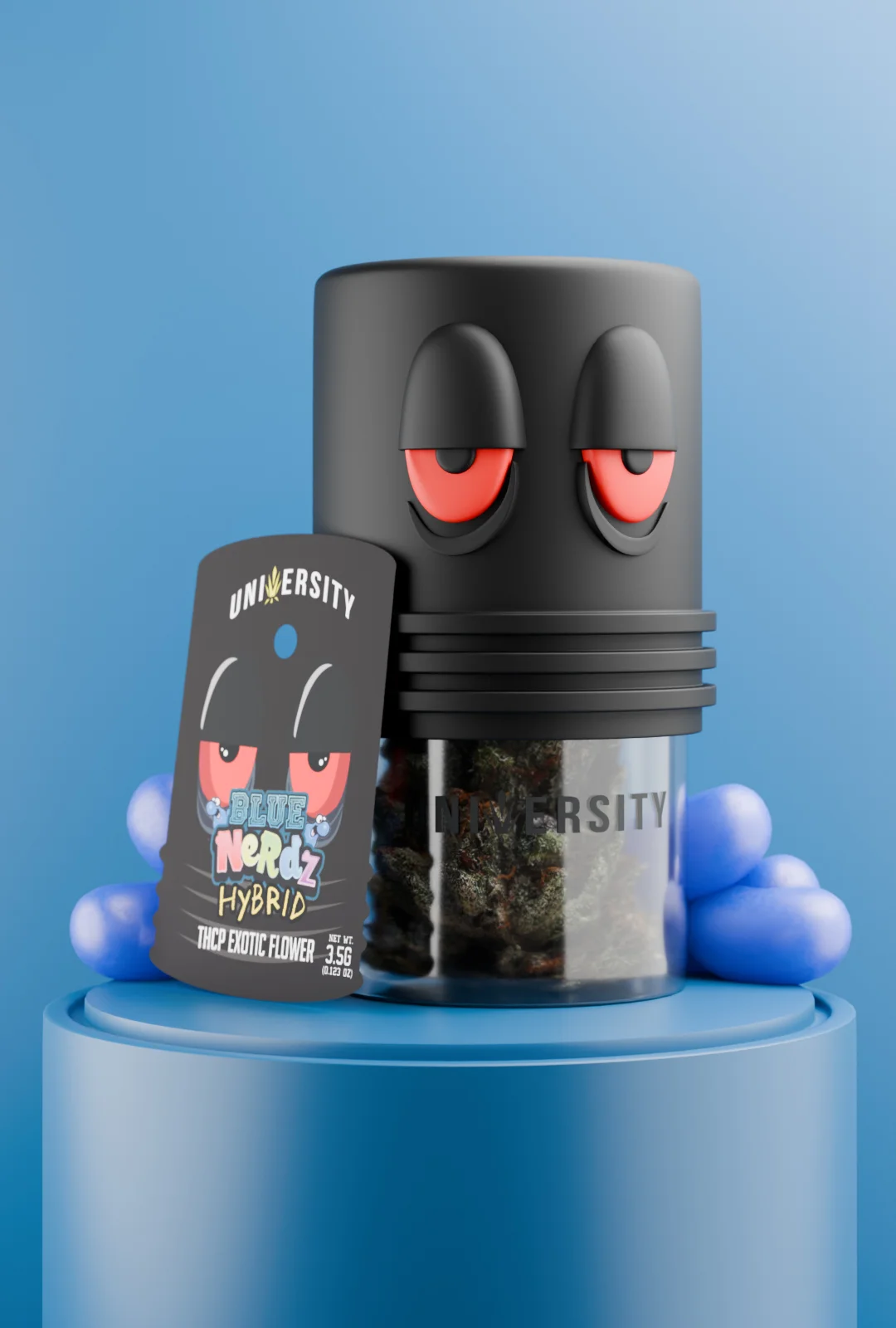 trap-university-blue-nerdz-thcp-indoor-exotic-flower-3-5g-featured Blue Nerdz THCP Exotic Indoor Flower 3.5G hybrid strain in premium jar with blue candy props