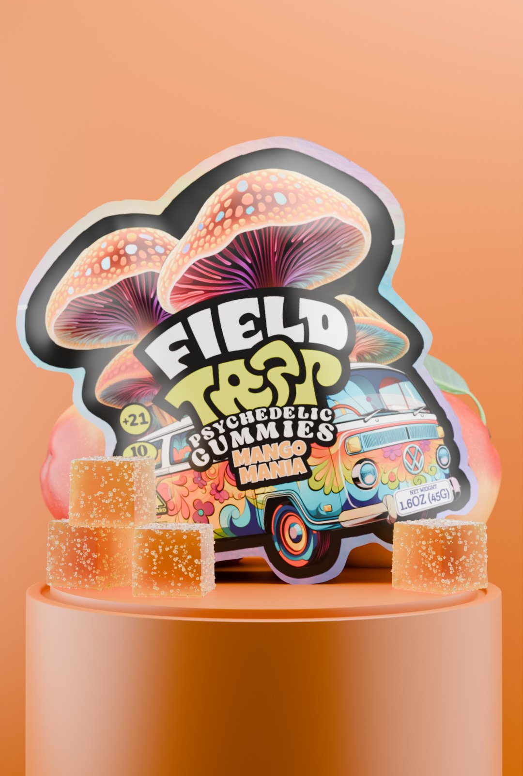 Field Trip Mango Mania Psychedelic Magic Mushroom Gummies Mango Mania Psychedelic Magic Mushroom Gummies Field Trip pack with orange cubes