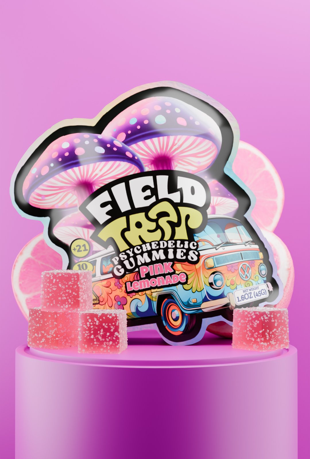 Field Trip Pink Lemonade Psychedelic Magic Mushroom Gummies Pink Lemonade Psychedelic Magic Mushroom Gummies Field Trip pack with pink cubes