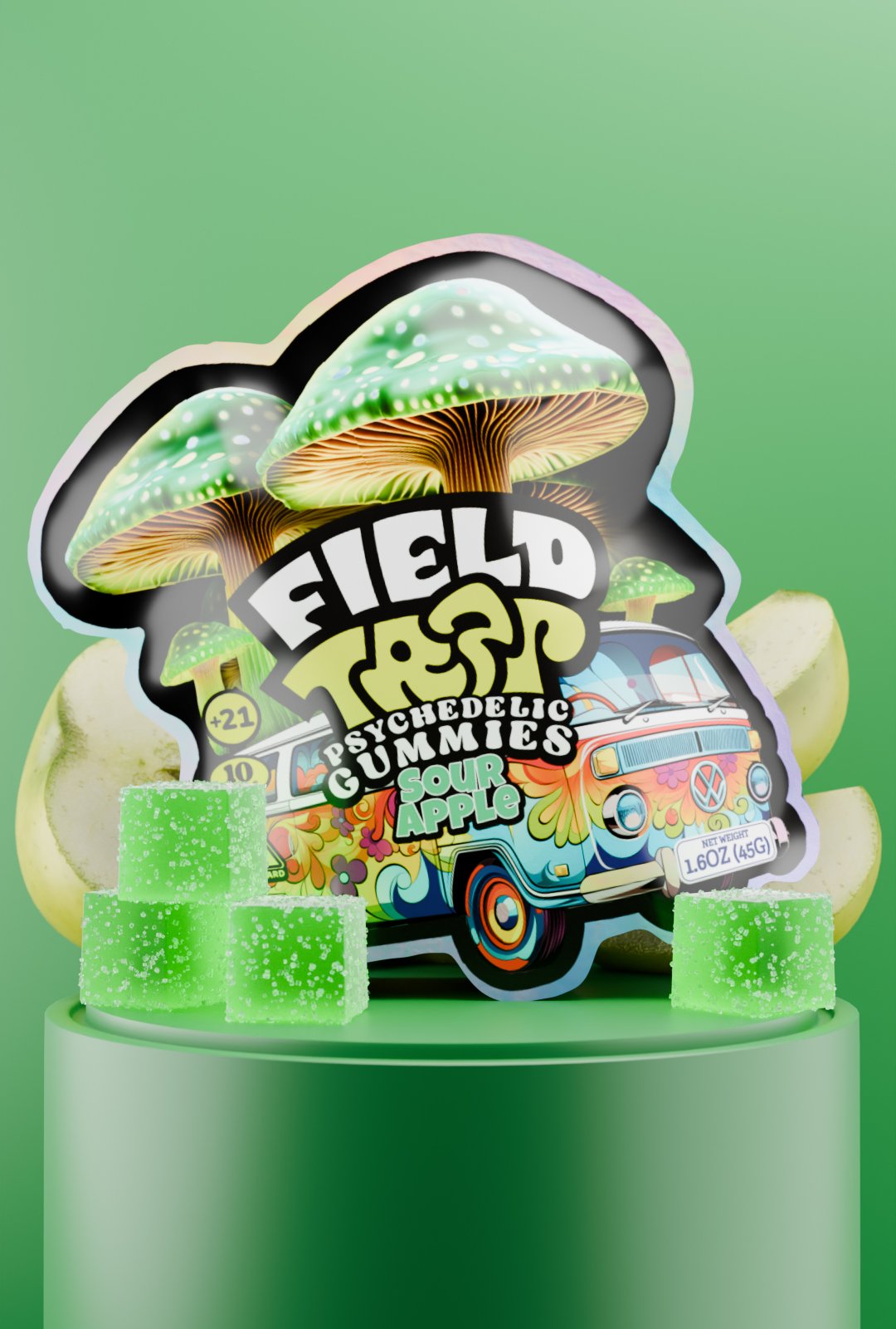Field Trip Sour Apple Psychedelic Magic Mushroom Gummies Sour Apple Psychedelic Magic Mushroom Gummies Field Trip pack with green cubes
