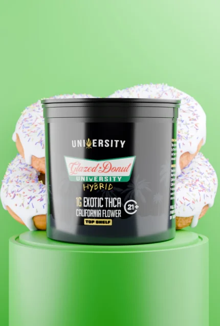 Glazed Donut THCA Premium Exotic Flower 1G in black jar with donut design background