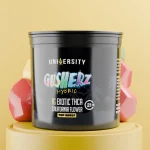 Gusherz THCA Premium Exotic Flower 1G hybrid strain in black jar with colorful design