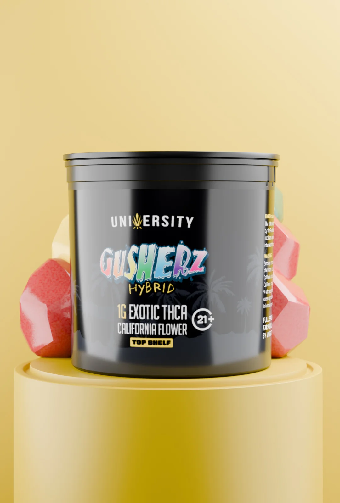 trap-university-gusherz-thca-premium-exotic-flower-1g-featured Gusherz THCA Premium Exotic Flower 1G hybrid strain in black jar with colorful design