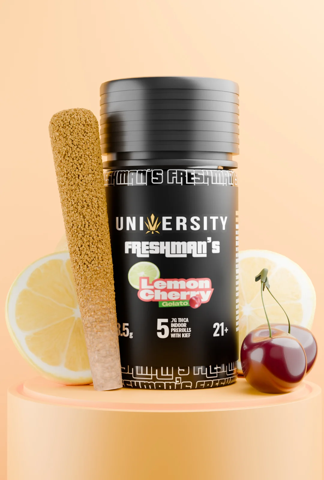 trap-university-Freshman’s Lemon Cherry Gelato THCA Pre-Rolls – 5-Pack Lemon Cherry Gelato THCA Premium Prerolls with Kief 3.5G jar and preroll