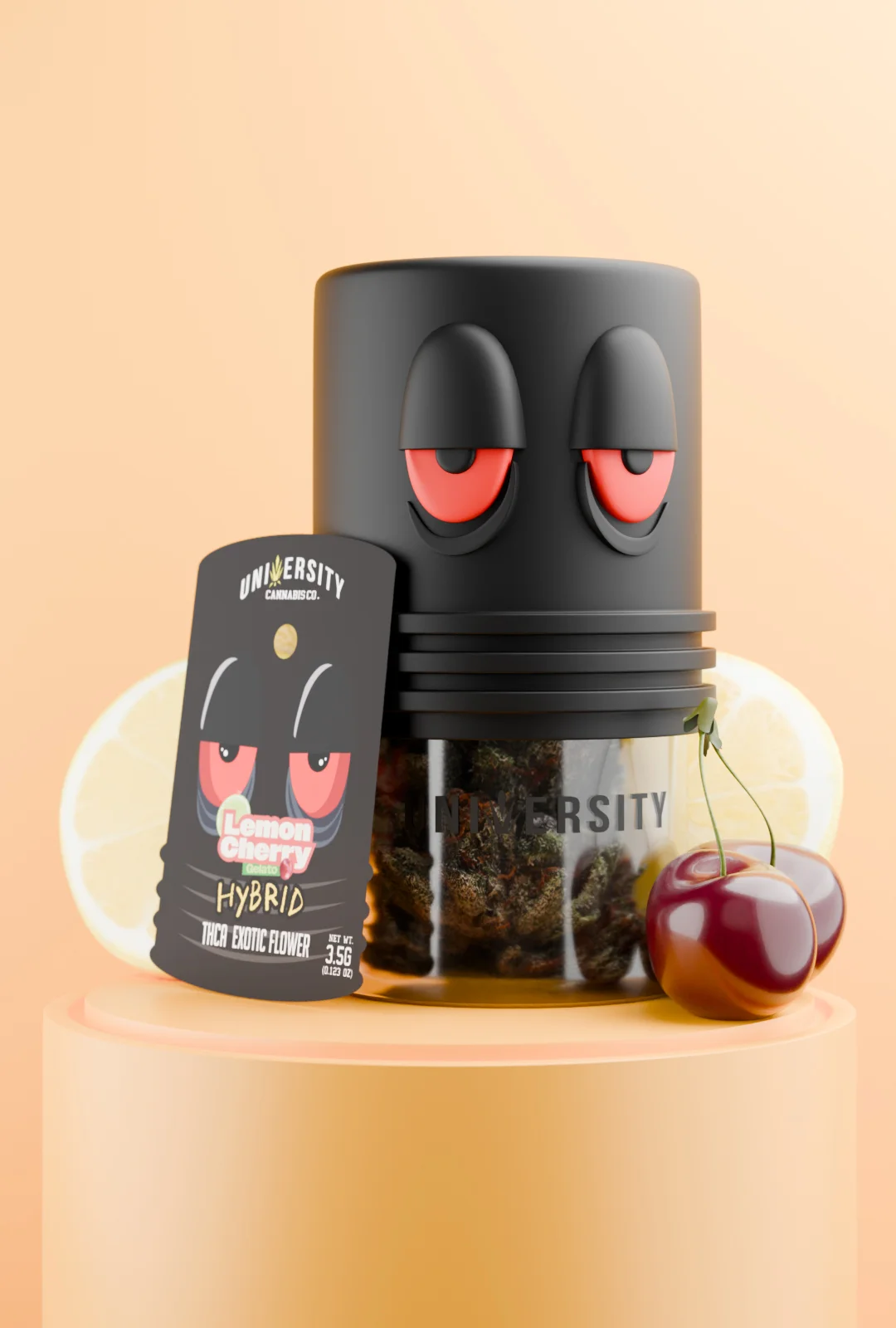trap-university-lemon-cherry-gelato-thca-indoor-flower-3-5g-featured Lemon Cherry Gelato THCA Indoor Flower 3.5G in black jar with lemon and cherry design, exotic hybrid strain