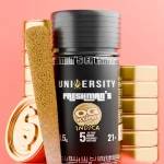 Freshman’s OG Kush pre-roll container with coated joint, gold coins, and dollar symbol on red backdrop