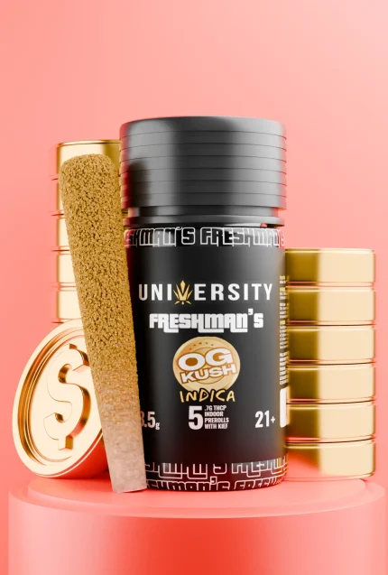 Freshman’s OG Kush pre-roll container with coated joint, gold coins, and dollar symbol on red backdrop