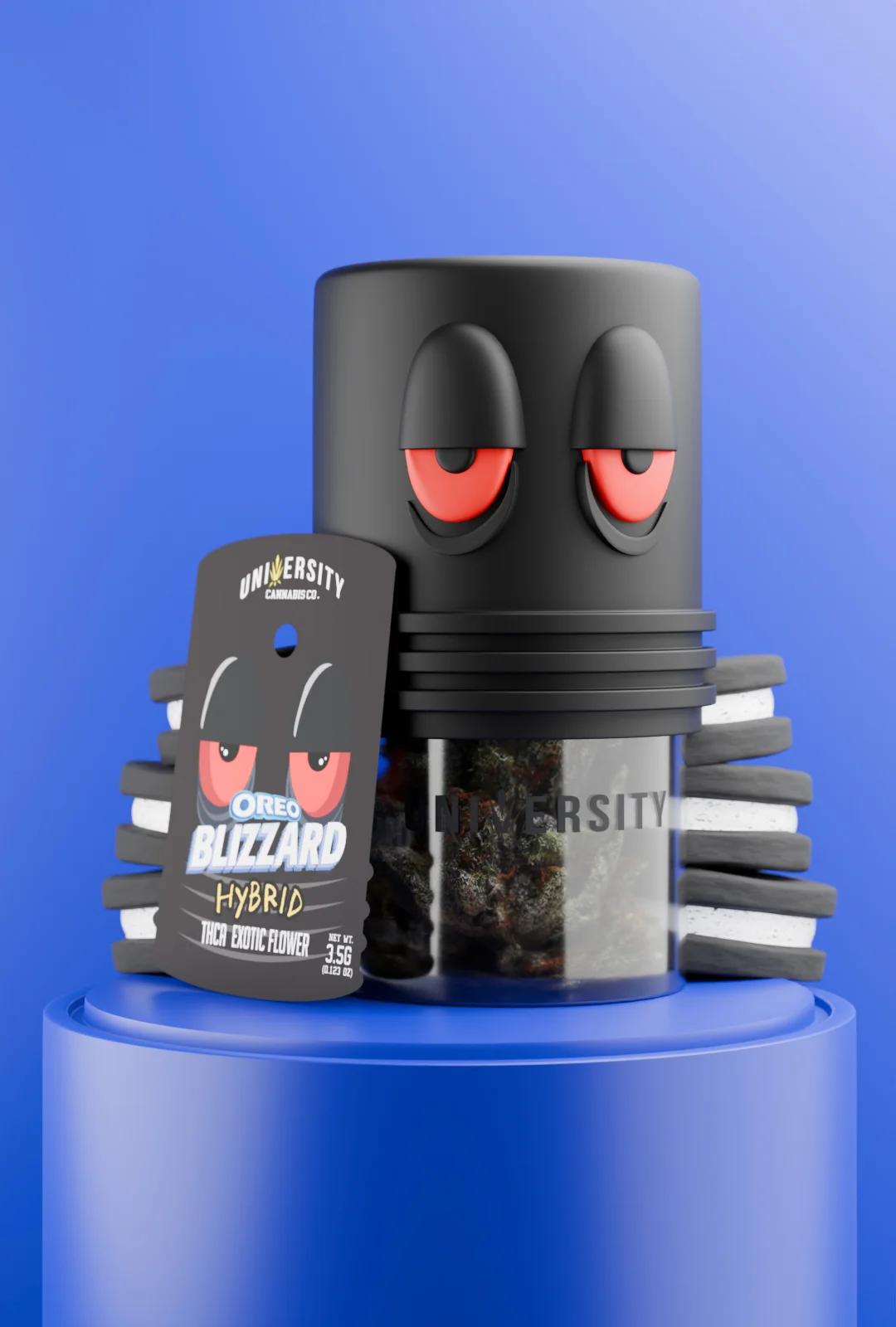 trap-university-oreo-blizzard-thca-indoor-flower-3-5g-featured Oreo Blizzard THCA Indoor Flower 3.5G in black jar with cookie design, premium exotic hybrid strain