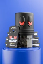 Oreo Blizzard THCP Indoor Exotic Flower 3.5G hybrid strain in premium jar with Oreo cookie props on blue background