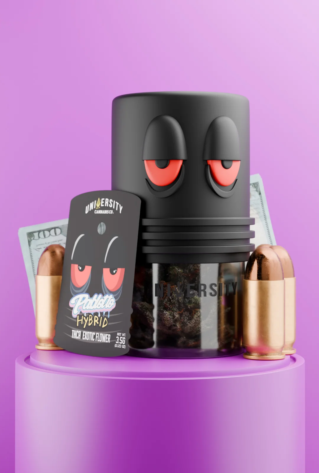trap-university-pablotto-thca-indoor-flower-3-5g-featured Pablotto THCA Indoor Flower 3.5G in black jar with money and bullets, premium exotic hybrid strain