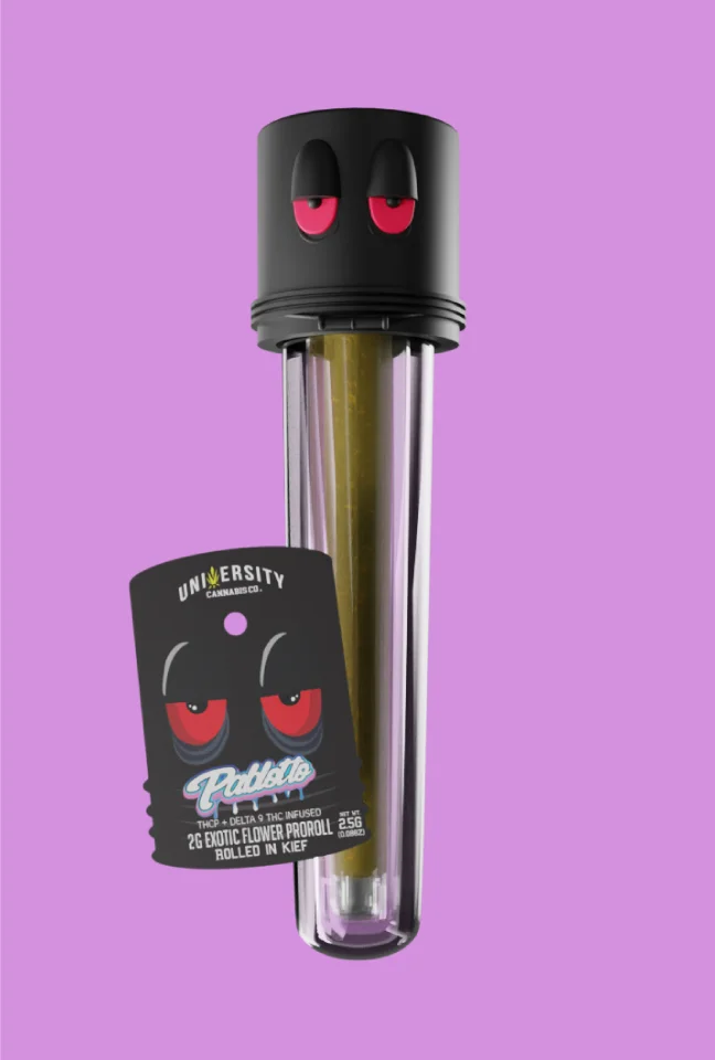 trap-university-Pablotto THCP Delta 9 THC Preroll – 2g Pablotto THCP Delta 9 THC preroll in glass tube with kief coating on purple background