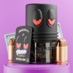 Pablotto THCP Indoor Exotic Flower 3.5G hybrid strain in premium jar with cash and bullet props on purple background