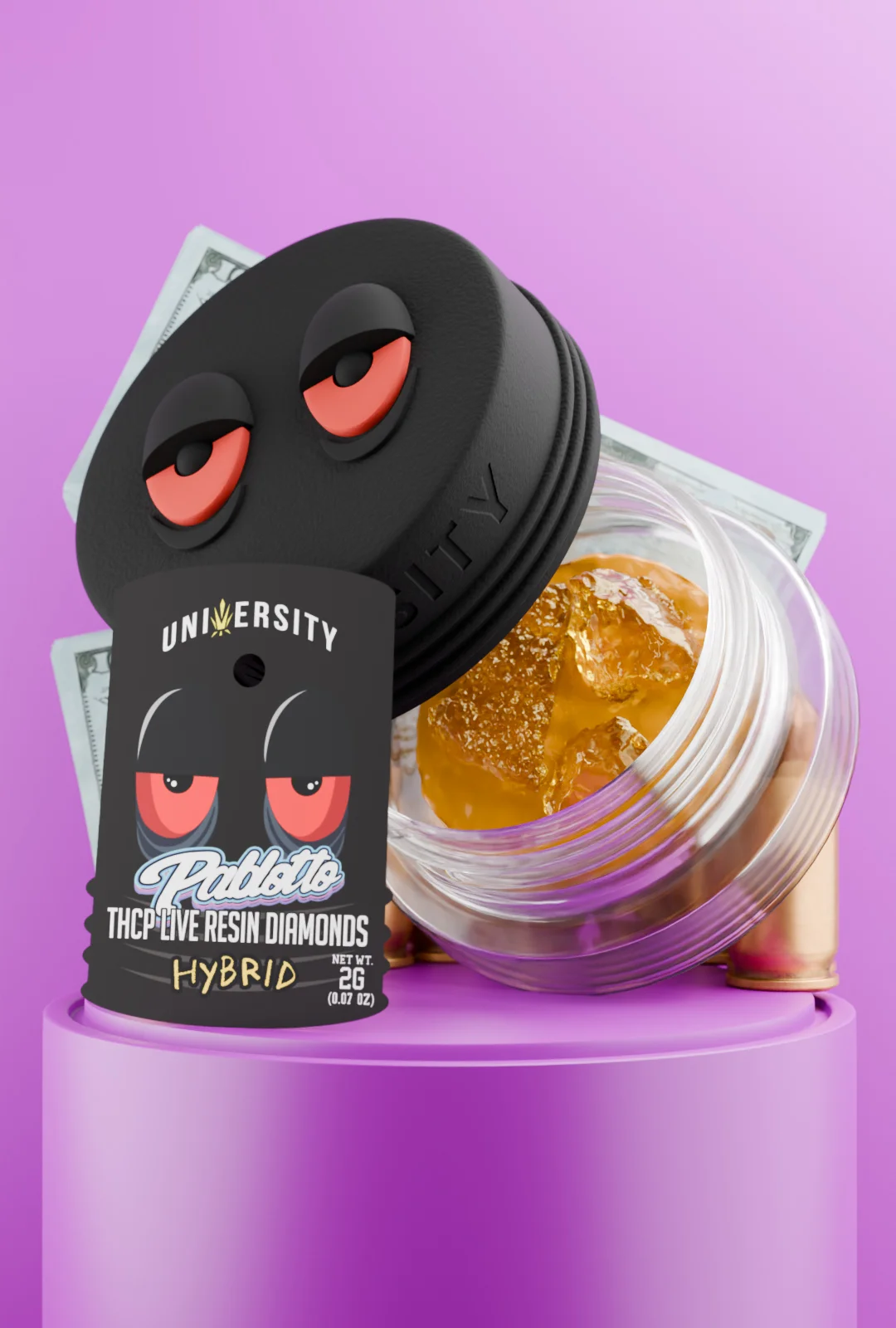 trap-university-pablotto-thcp-live-resin-diamonds-featured Pablotto THCP Live Resin Diamonds 2G jar with golden resin hybrid concentrate