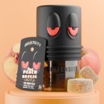 Peach Breeze THC Live Rosin Premium Gummies Indica jar with cubes