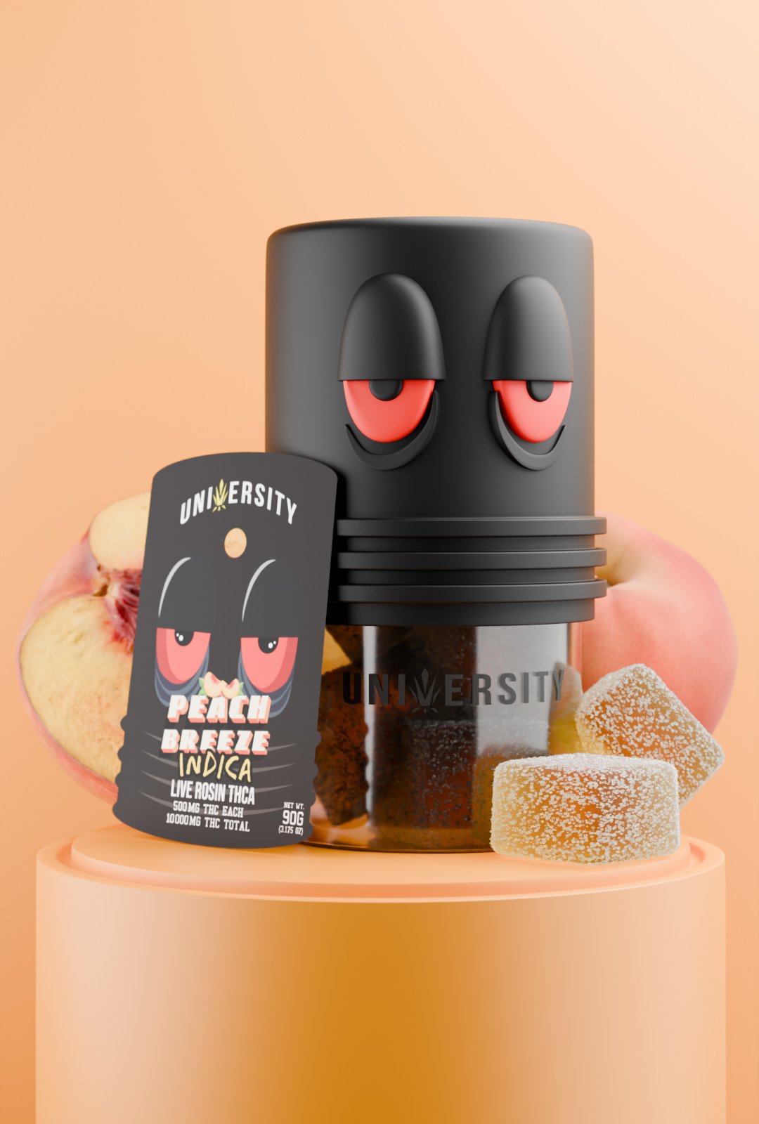 Peach Breeze THC Live Rosin Premium Cannabis Gummies – 50mg Peach Breeze THC Live Rosin Premium Gummies Indica jar with cubes