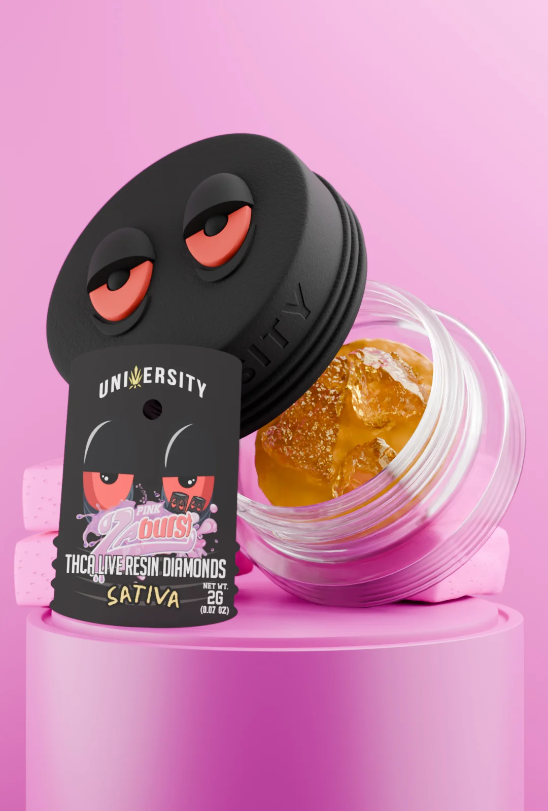 trap-university-Pink Zaburst Runtz Concentrate THCA Live Resin Diamonds Sativa 2g Jar of Pink Zaburst Runtz Concentrate THCA Live Resin Diamonds Sativa 2g with pink candy cubes in background
