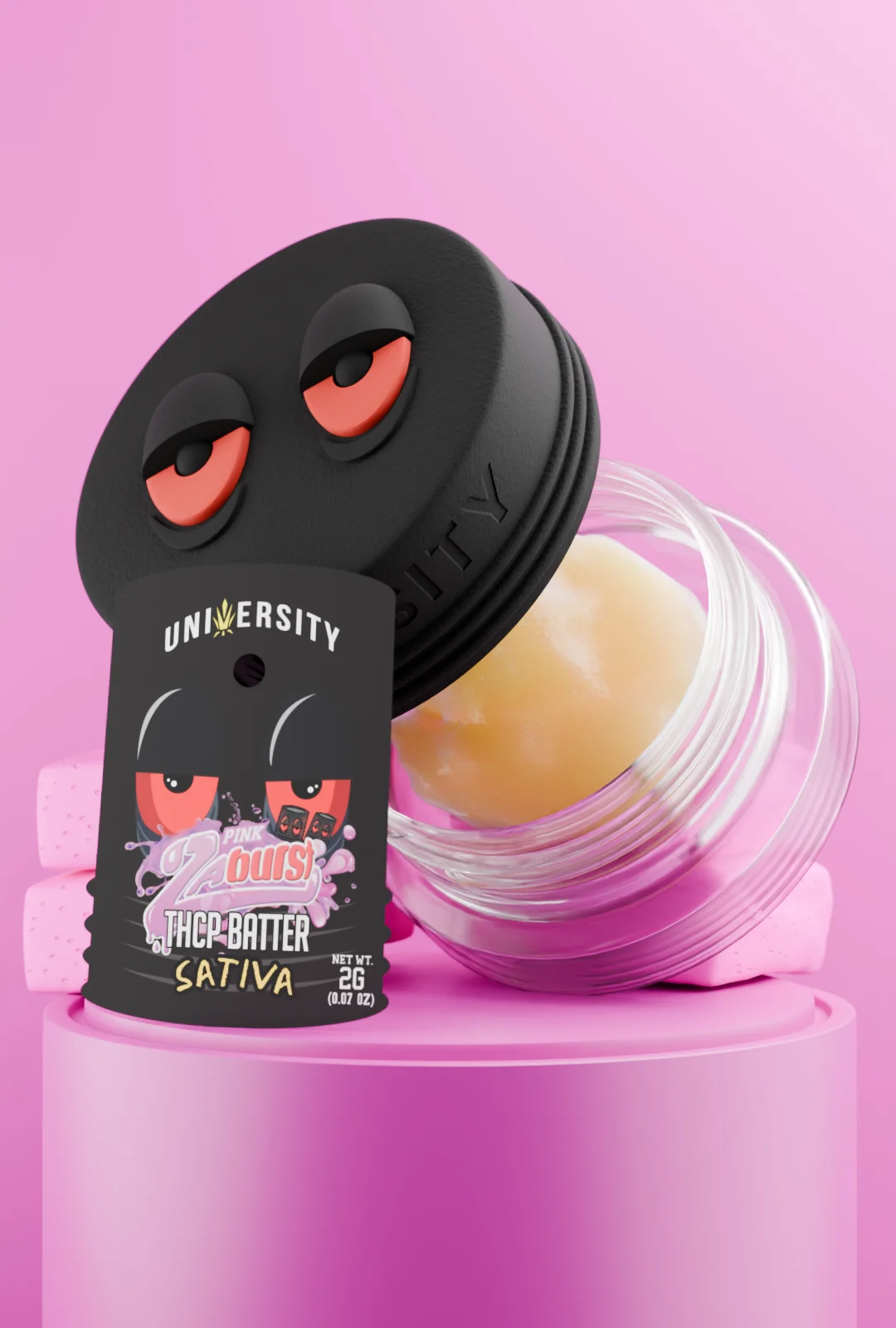 trap-university - Pink Zaburst Runtz Concentrate THCP Live Batter Sativa 2g Pink Zaburst Runtz THCP Premium Live Batter Sativa concentrate in jar