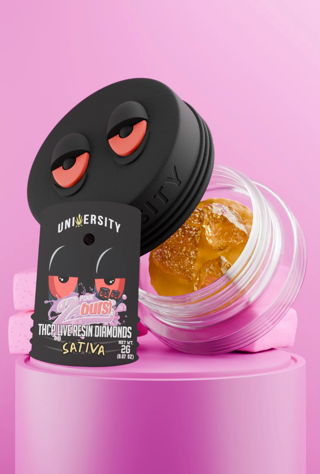 trap-university - Pink Zaburst Runtz THCP Live Resin Diamonds Sativa 2g Pink Zaburst Runtz THCP Live Resin Diamonds 2G jar with golden resin, sativa concentrate