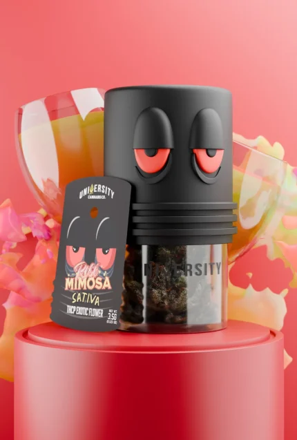 Rose Mimosa THCP Indoor Exotic Flower 3.5G sativa strain in premium jar with vibrant floral and cocktail-inspired design
