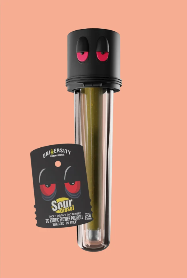 trap-university-Sour Diesel THCP + Delta 9 THC Pre-Roll – 2g Exotic Kief-Coated Joint Sour Diesel THCP + Delta 9 THC pre-roll in glass tube with kief coating and branded label