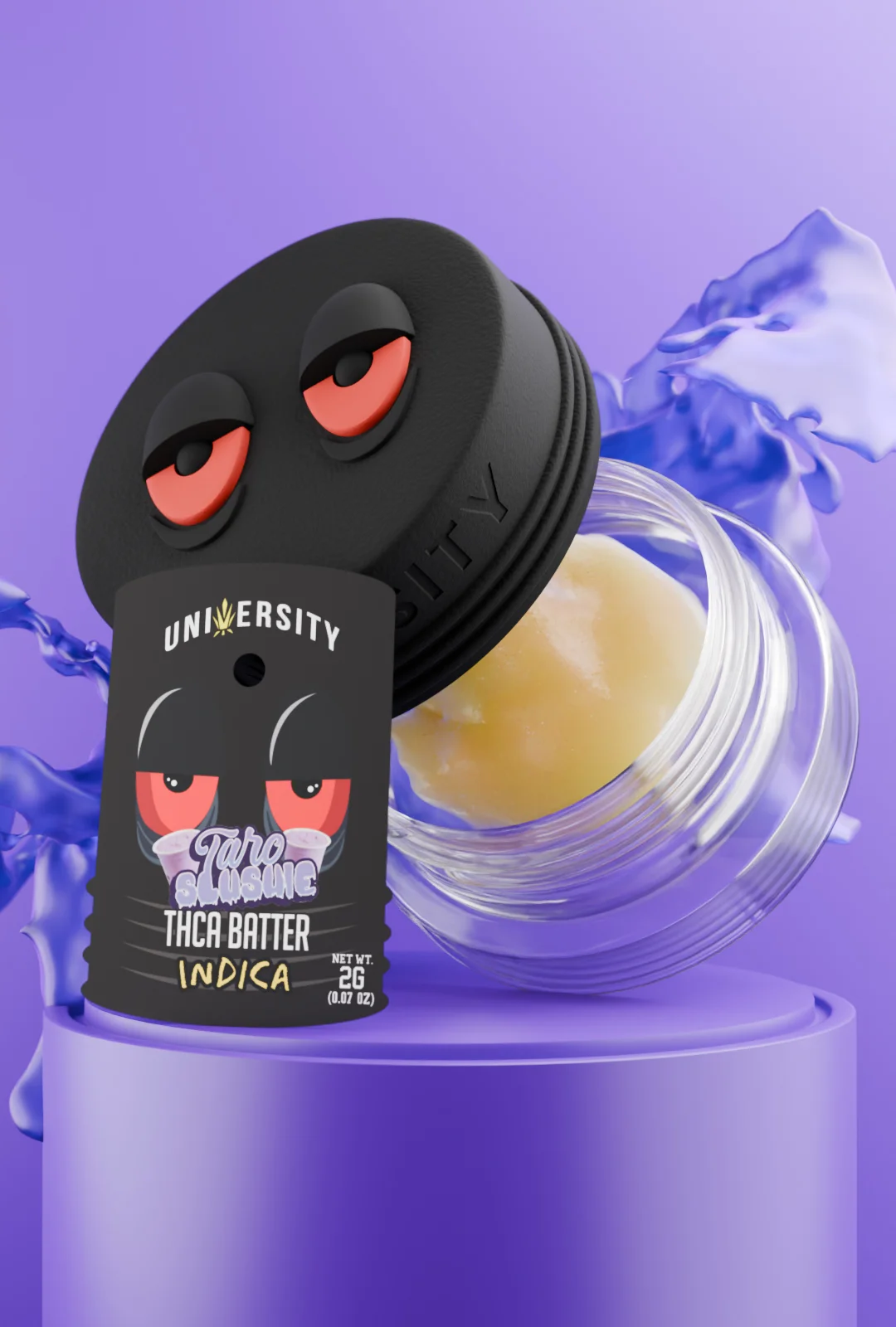 trap-university - Taro Slushie Concentrate THCA Live Badder Indica 2g Jar of Taro Slushie Concentrate THCA Live Badder Indica 2g with purple splash background