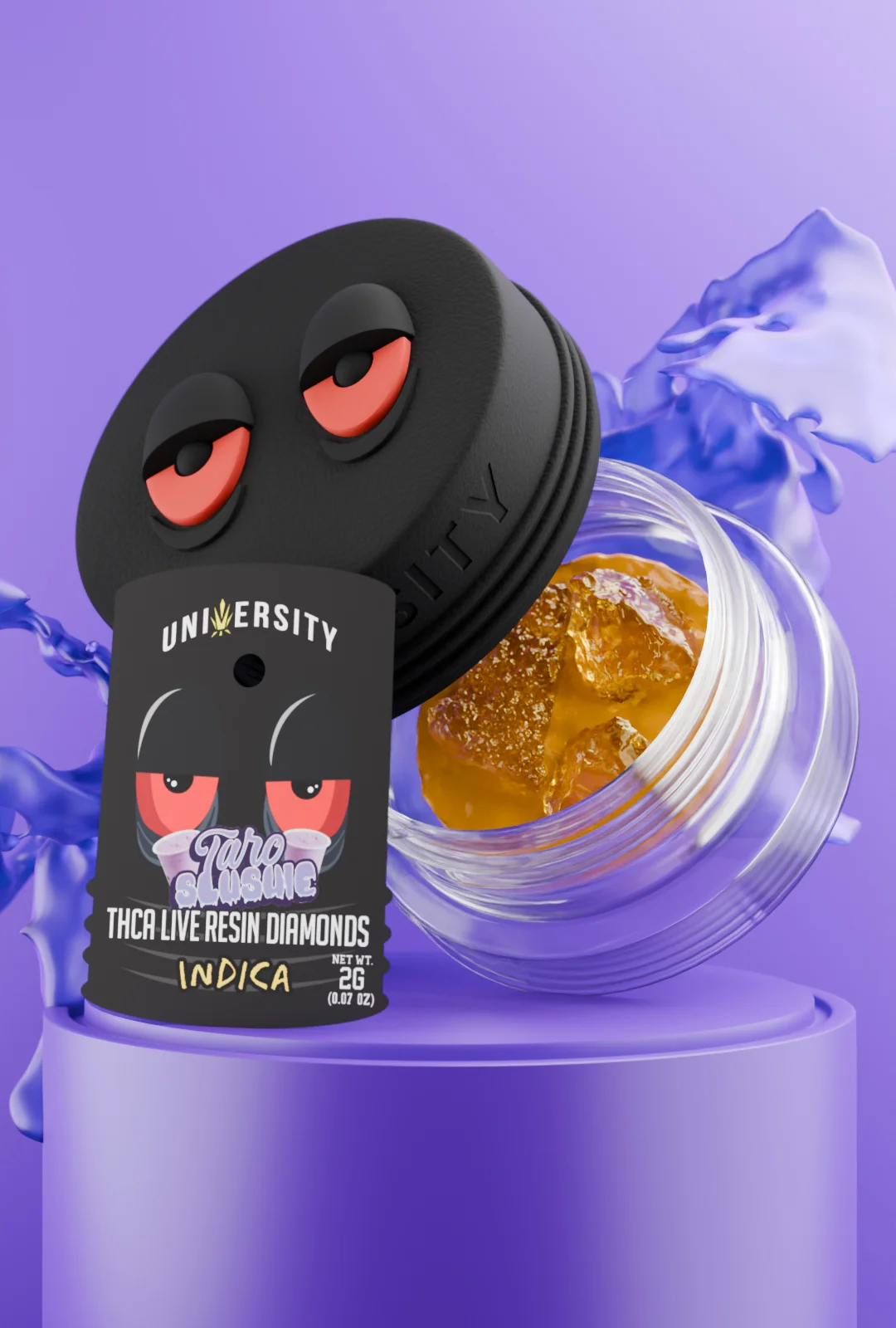trap-university-Taro Slushie Concentrate THCA Live Resin Diamonds Indica 2g Jar of Taro Slushie Concentrate THCA Live Resin Diamonds Indica 2g with purple splash background