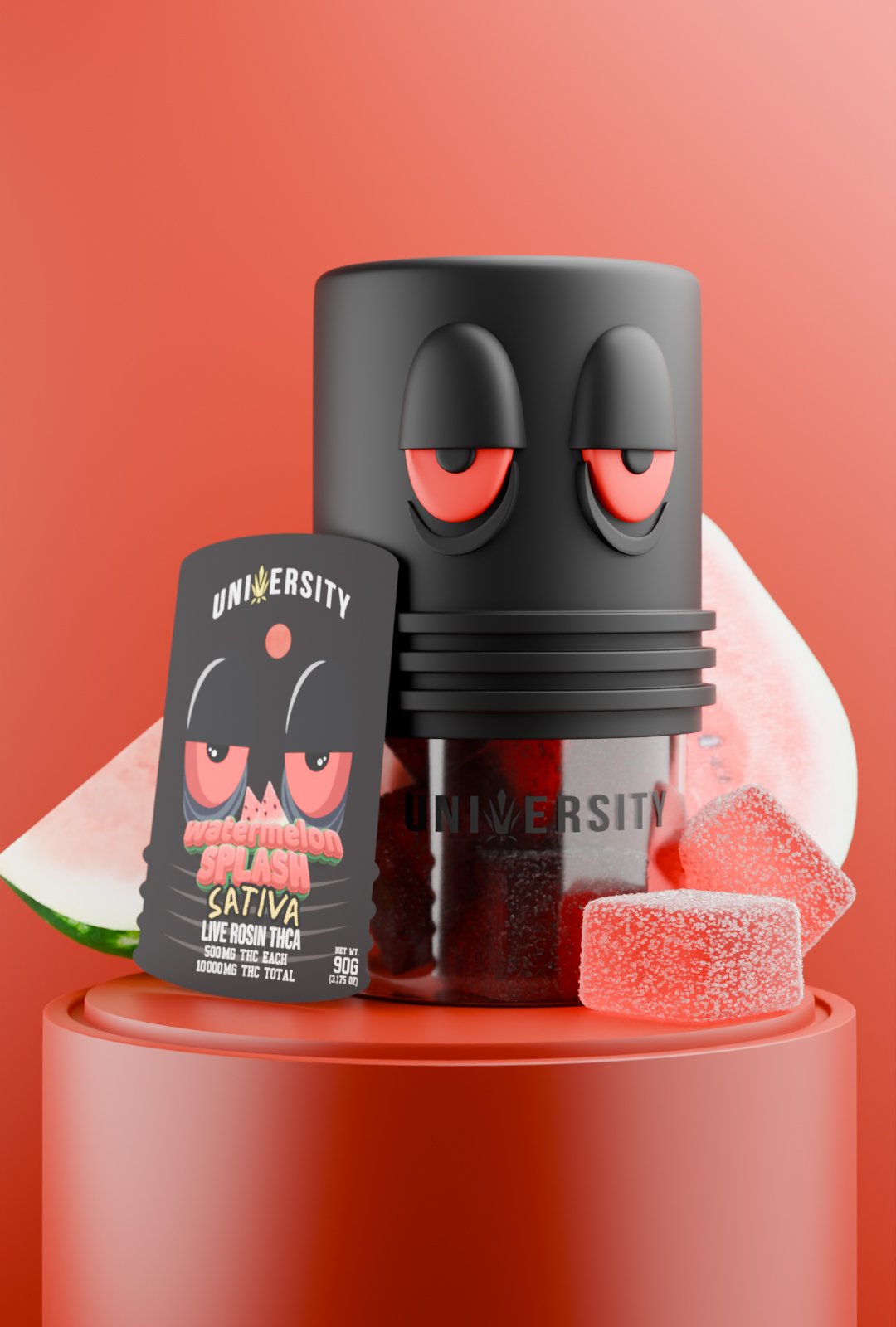 Watermelon Splash THC Live Rosin Premium Sativa Cannabis Gummies Watermelon Splash THC Live Rosin Premium Gummies Sativa jar with cubes