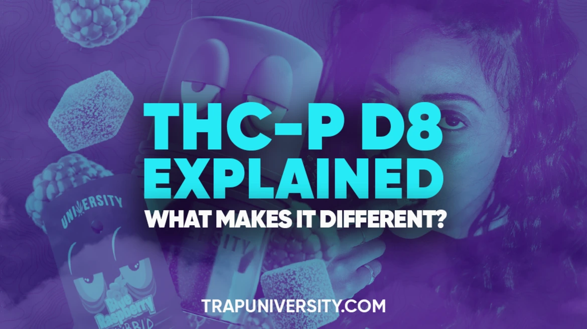Purple-toned graphic showing THC-P D8 products illustrating what THC-P D8 is and how it differs from THC