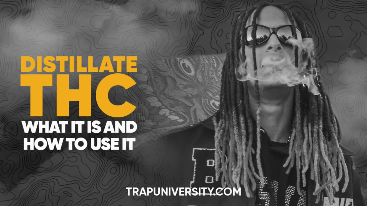 Person exhaling smoke with bold text illustrating distillate THC and how to use it
