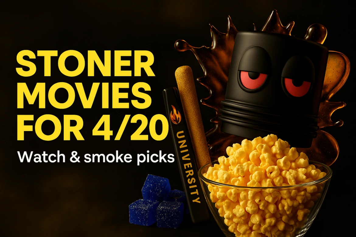 Trap University gummies and popcorn illustrating the best stoner movies to watch on 4/20
