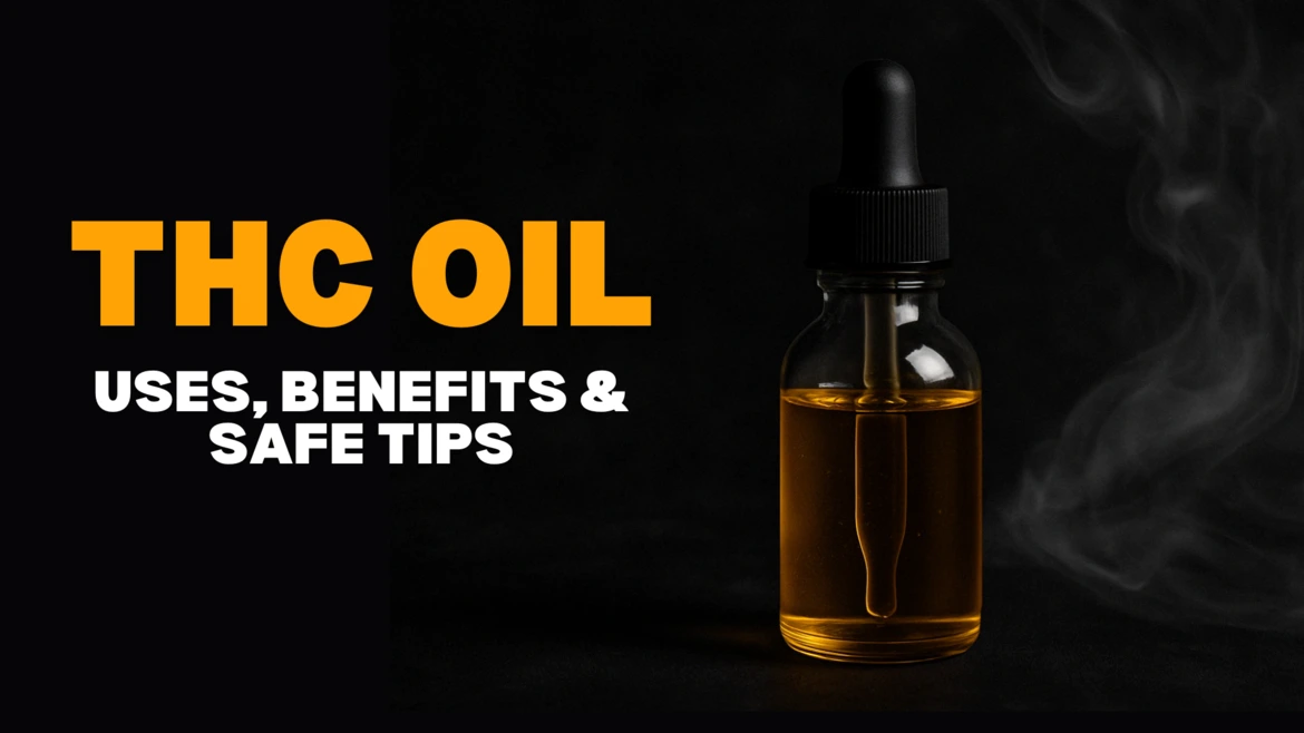 Dropper bottle of THC oil against a dark background illustrating benefits uses and safe tips