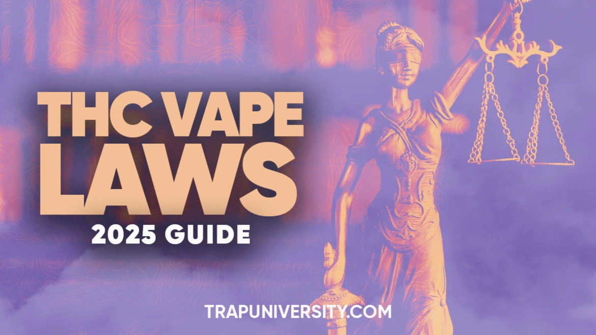 Lady Justice statue with purple lighting illustrating THC vape laws 2025 and legal updates