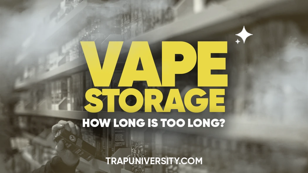 A person reaches for a vape product on a store shelf, with golden text overlay reading "Vape Storage – How Long Is Too Long?" to highlight vape preservation tips.